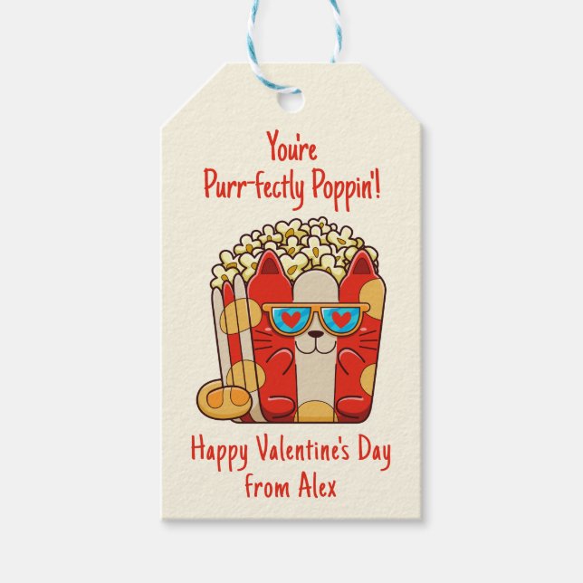 Étiquettes-cadeau Purr-parfaitement Poppin' Funny Cat Popcorn Valent (Devant)
