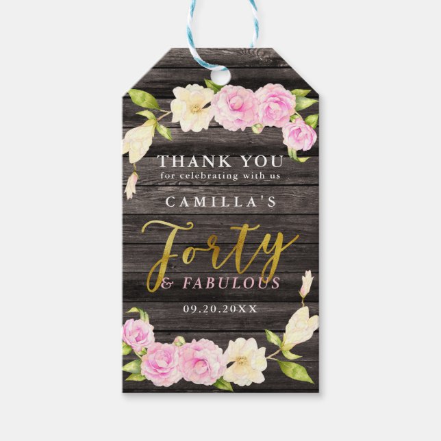 Étiquettes-cadeau Quarante et fabuleux Rustic Floral Anniversaire Fa (Devant)