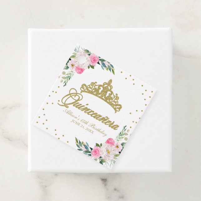 Étiquettes Cadeau Quinceanera à fleurs roses chaudes (En situation)