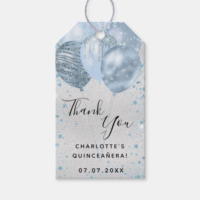 Étiquettes-cadeau Quinceanera argent bleu parties scintillant ballon (Devant)