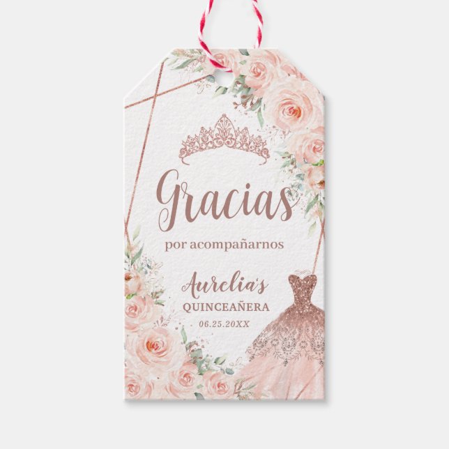 Étiquettes-cadeau Quinceañera Blush Floral Rose Gold robe Anniversai (Devant)