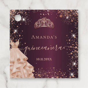 Étiquettes Cadeau Quinceanera Bourgogne rose or tiara merci