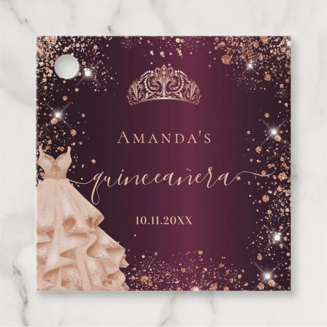 Étiquettes Cadeau Quinceanera Bourgogne rose or tiara merci (Devant)