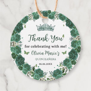 Étiquettes Cadeau Quinceañera Emerald Green Floral Butterflies Tiara