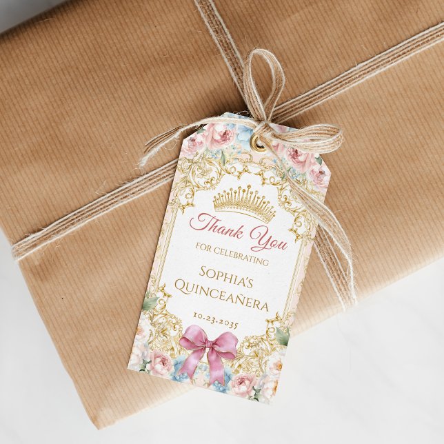 Étiquettes-cadeau Quinceanera florale de cou rose de couronne classi (Classy Crown Pink Blue Floral Quinceanera Gift Tags)