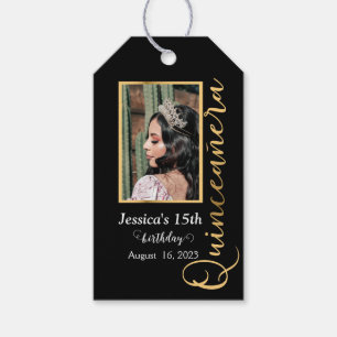 Étiquettes-cadeau Quinceanera Gold Black Photo Élégant tag cadeau