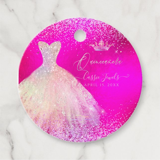Étiquettes Cadeau Quinceanera Hot Pink+Blush Sparkle Robe Princesse (Devant)