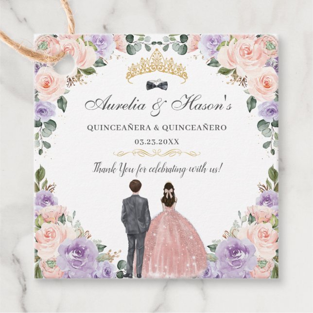 Étiquettes Cadeau Quinceañera Lilac Blush Floral Twins Garçon Girl (Devant)