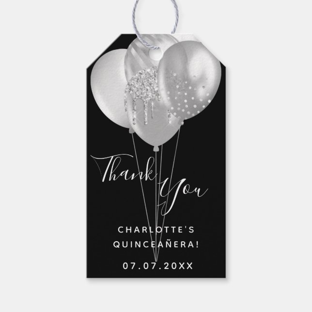 Étiquettes-cadeau Quinceanera noir ballon d'argent merci (Devant)
