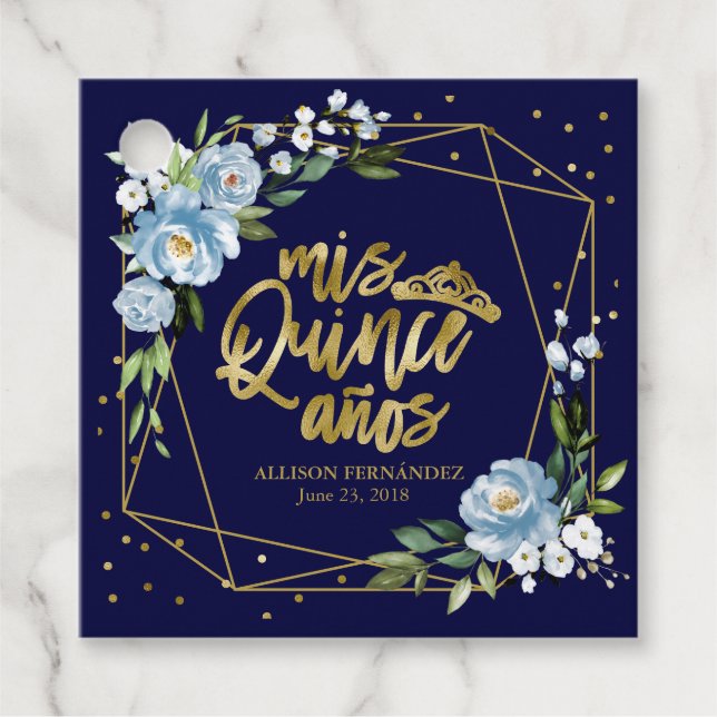 Étiquettes Cadeau Quinceanera or bleu floral (Devant)