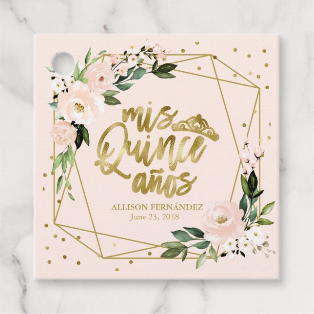 Étiquettes Cadeau Quinceanera Party Gold Foil Blush Rose Floral (Devant)