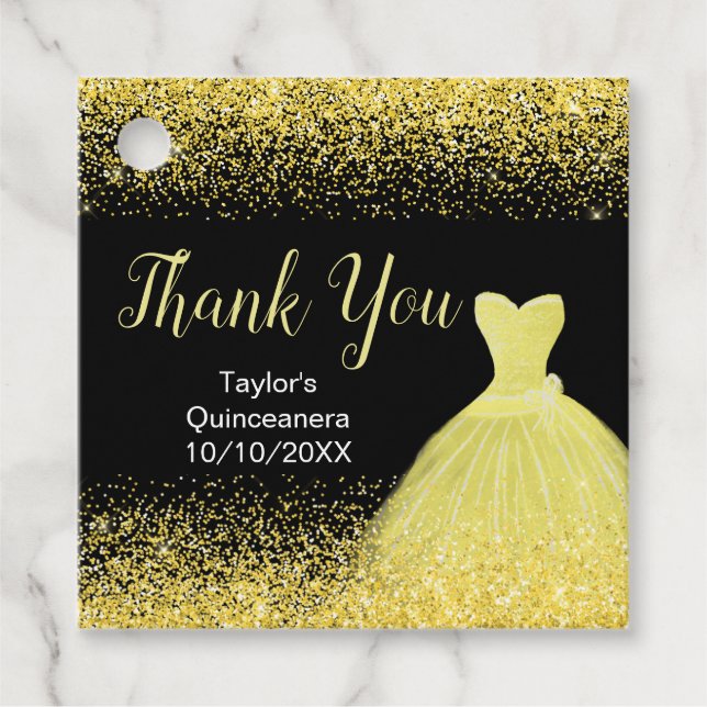 Étiquettes Cadeau Quinceanera Robe Jaune Lumineuse Robe Faux Parties (Devant)
