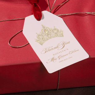 Étiquettes-cadeau Quinceanera rose Elégant Gold Tiara