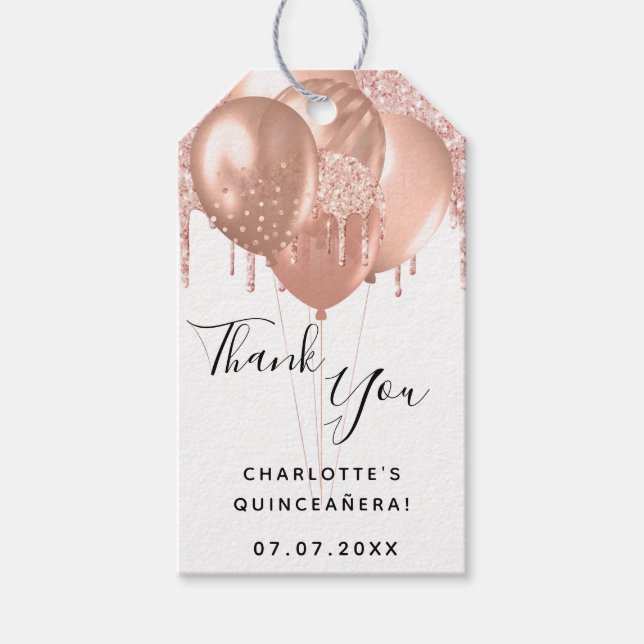 Étiquettes-cadeau Quinceanera rose or blanc ballon merci (Devant)
