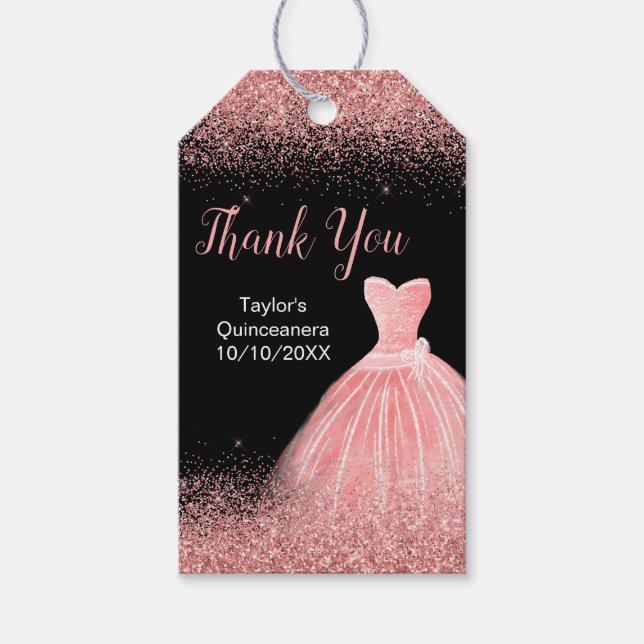 Étiquettes-cadeau Quinceanera Rose Robe rose Parties scintillant Fau (Devant)