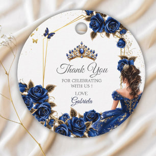 Étiquettes Cadeau Quinceañera Roses Tiara Dorée Bleu Marine