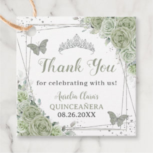 Étiquettes Cadeau Quinceañera Sage Green Floral Papillons en argent