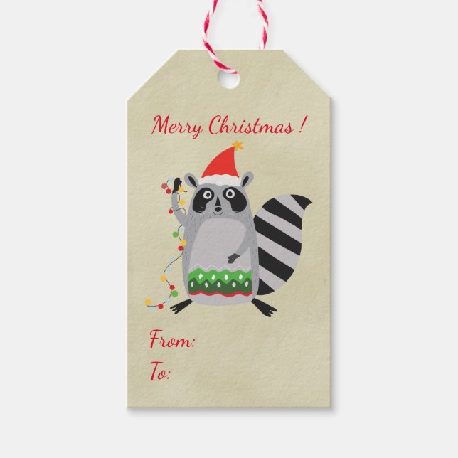 Étiquettes-cadeau Raccoon À Santa Hat Tangé Dans Les Lumières De Noë (Devant)