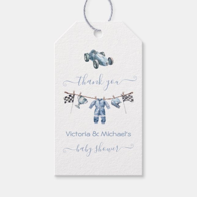 Étiquettes-cadeau Race Car Clothesline Baby shower Garçon (Devant)
