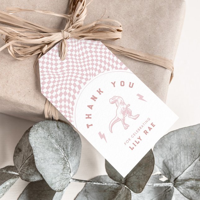 Étiquettes-cadeau Rad Dinosaur Trois Filles Rex Anniversaire Rose (Créateur téléchargé)