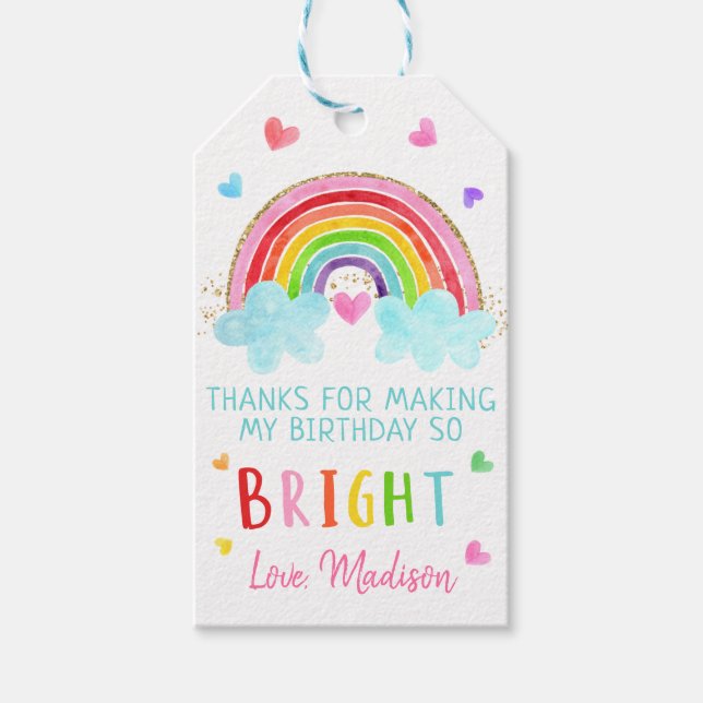 Étiquettes-cadeau Rainbow Cloud Hearts Or rose Anniversaire (Devant)
