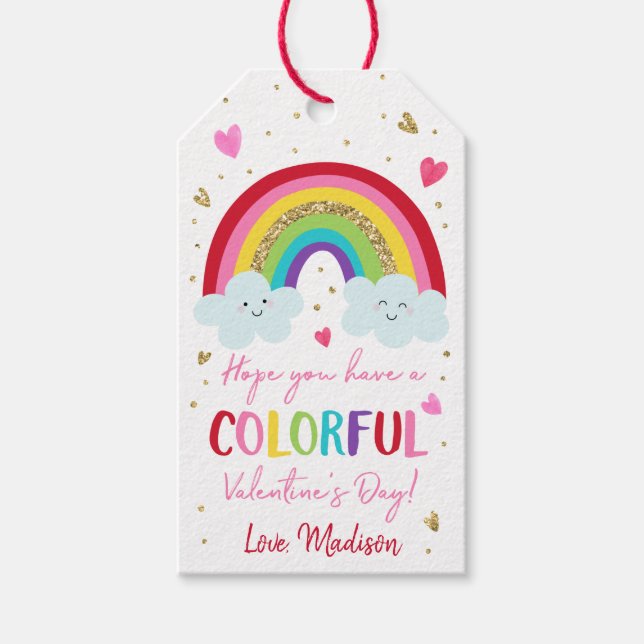 Étiquettes-cadeau Rainbow Pink Gold Hearts Saint-Valentin (Devant)
