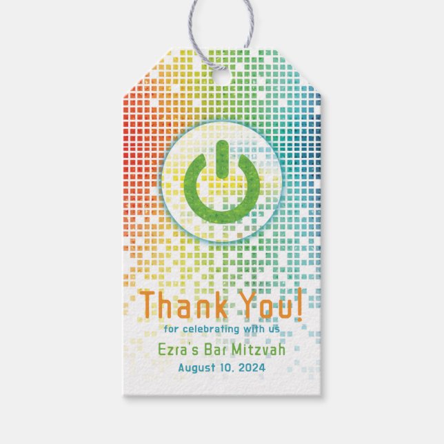 Étiquettes-cadeau Rainbow Pixel jeu vidéo Gamer Bar Mitzvah (Devant)