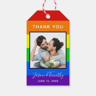 Étiquettes-cadeau Rainbow Stried Photo LGBTQ Couple Mariage