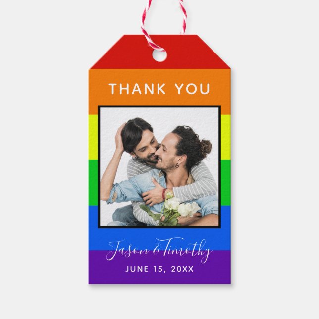 Étiquettes-cadeau Rainbow Stried Photo LGBTQ Couple Mariage (Devant)