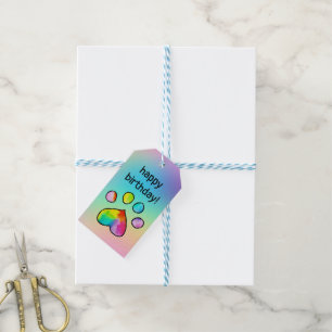 Étiquettes-cadeau Rainbow Watercolor Empreinte de patte fête d'anniv