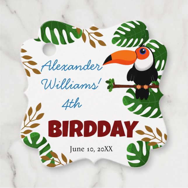 Étiquettes Cadeau Rainforest Toucan Bird pour enfants fête d'anniver (Devant)