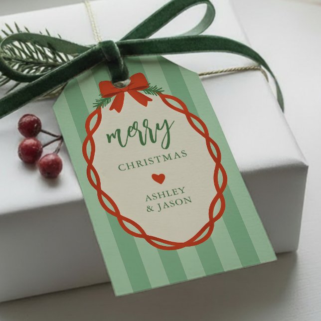 Étiquettes-cadeau Rayé Chic Rouge & Vert Noël Rétro Joyeux (Créateur téléchargé)