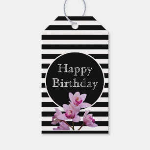 Étiquettes-cadeau Rayures de joyeux anniversaire et orchidées de