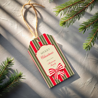Étiquettes-cadeau Rayures rouges et vertes rétro de Noël avec ruban