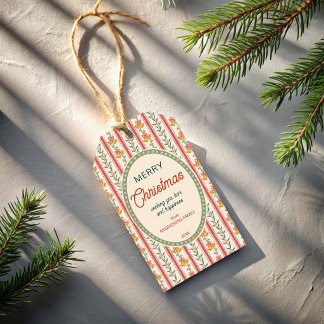 Étiquettes-cadeau Rayures rouges et vertes vintage de Noël avec des
