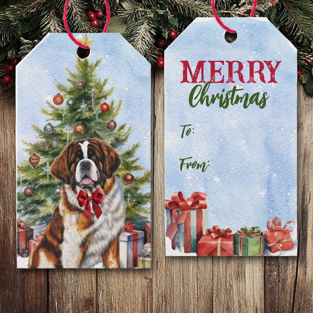 Étiquettes-cadeau Red Bow Saint Bernard Chien sapin de Noël (Créateur téléchargé)