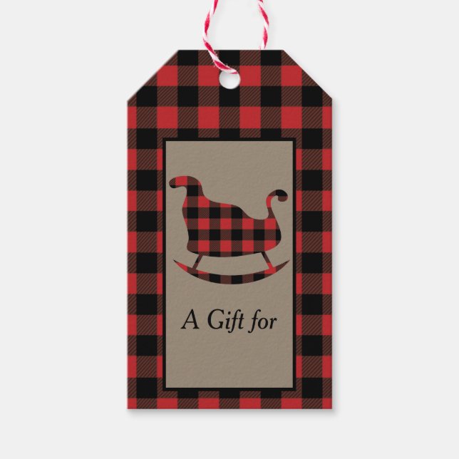 Étiquettes-cadeau Red Buffalo Plaid Christmas Sleigh and Tree (Devant)