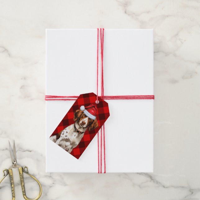 Étiquettes-cadeau Red Holiday Plaid Brittany Spanien Chien Noël (Avec de la ficelle)