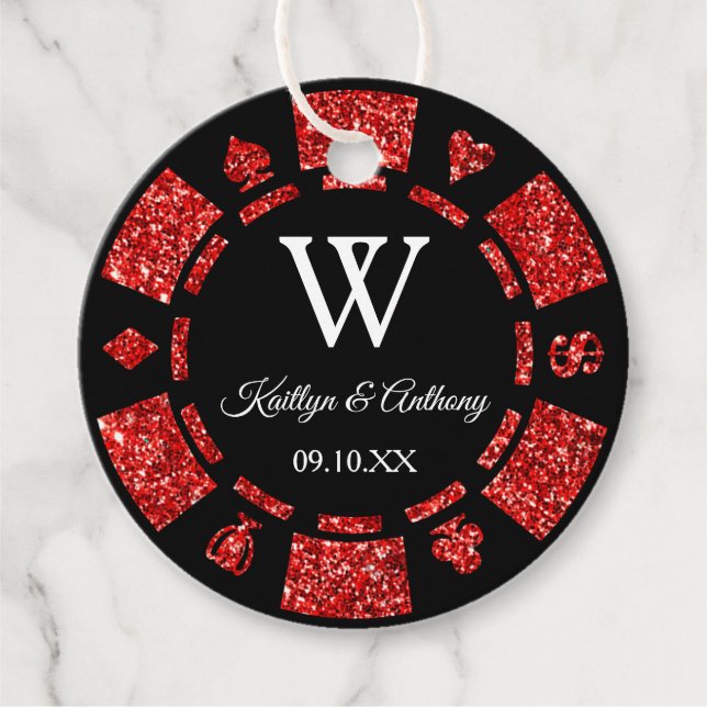 Étiquettes Cadeau Red Parties scintillant Poker Chip Casino Mariage  (Devant)