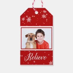 Étiquettes-cadeau Red Photo Believe   Balise blanche Snowflake