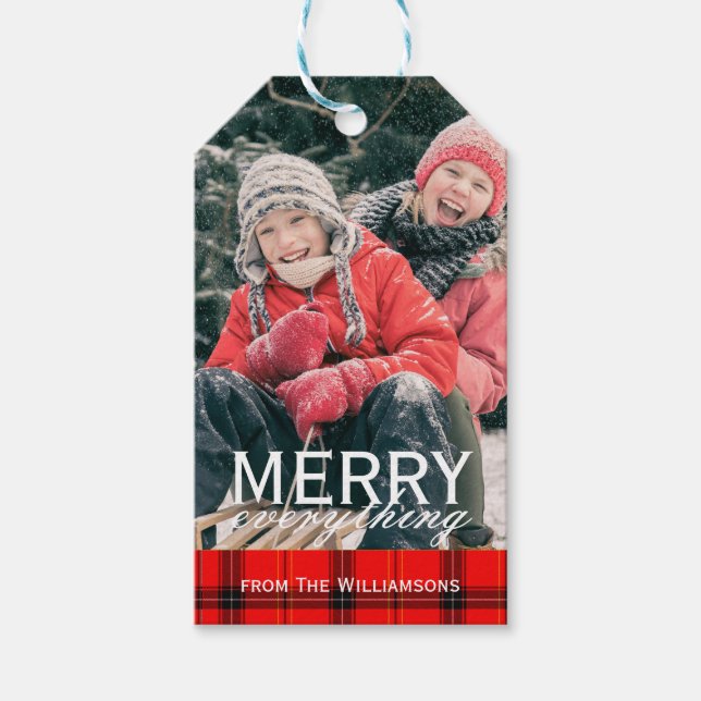Étiquettes-cadeau Red Plaid Joyeux Tout Famille Photo Noël (Devant)