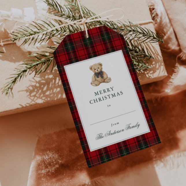 Étiquettes-cadeau Red Plaid Teddy Bear Christmas (Créateur téléchargé)