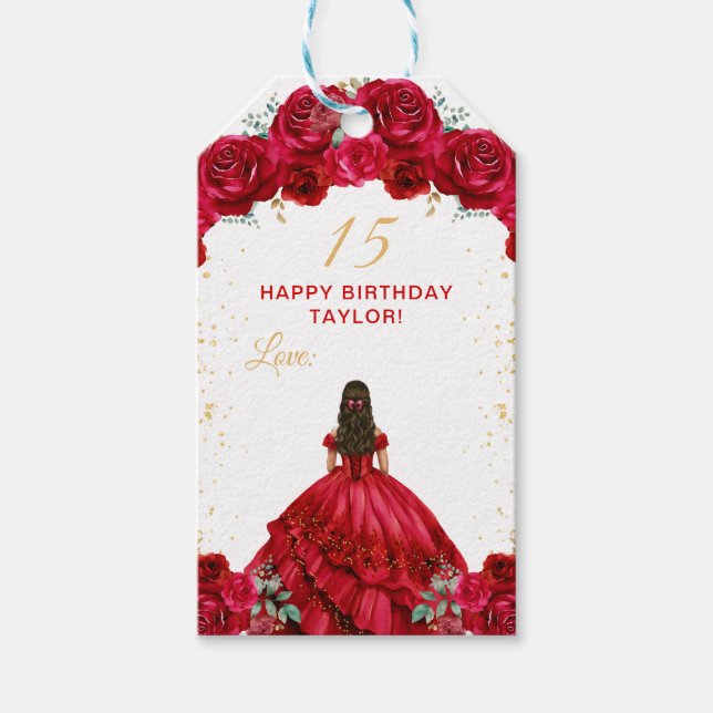 Étiquettes-cadeau Red Princess Quinceañera Joyeux anniversaire (Devant)