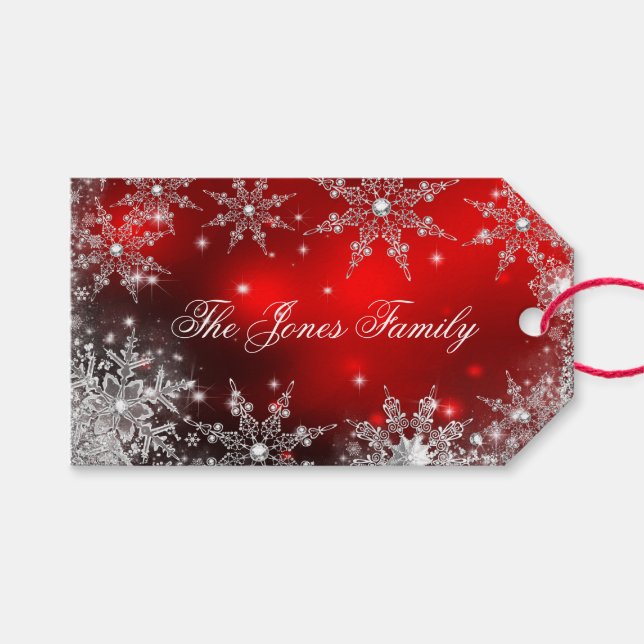 Étiquettes-cadeau Red Silver Winter Wonderland Noël 2 (Devant (Horizontal))
