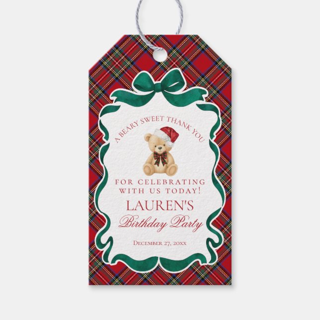 Étiquettes-cadeau Red Tartan Plaid Christmas Bear Birthday Favors (Devant)