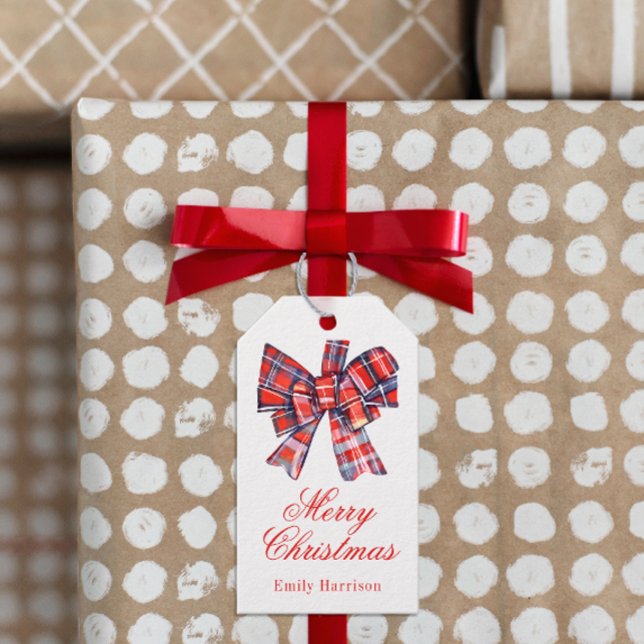 Étiquettes-cadeau Red Tartan Plaid Christmas Bow (Créateur téléchargé)