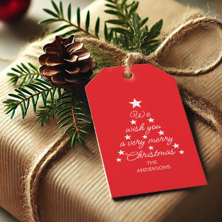 Étiquettes-cadeau Red & White Christmas Tree Stars & Name Typography