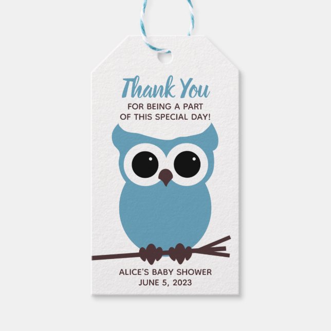 Étiquettes-cadeau Regardez qui est presque dû ! Blue Owl Baby shower (Devant)