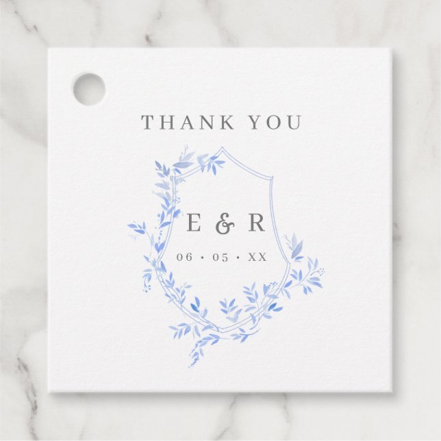 Étiquettes Cadeau Regency Bleu Feuille Crest Monogramme Merci (Devant)