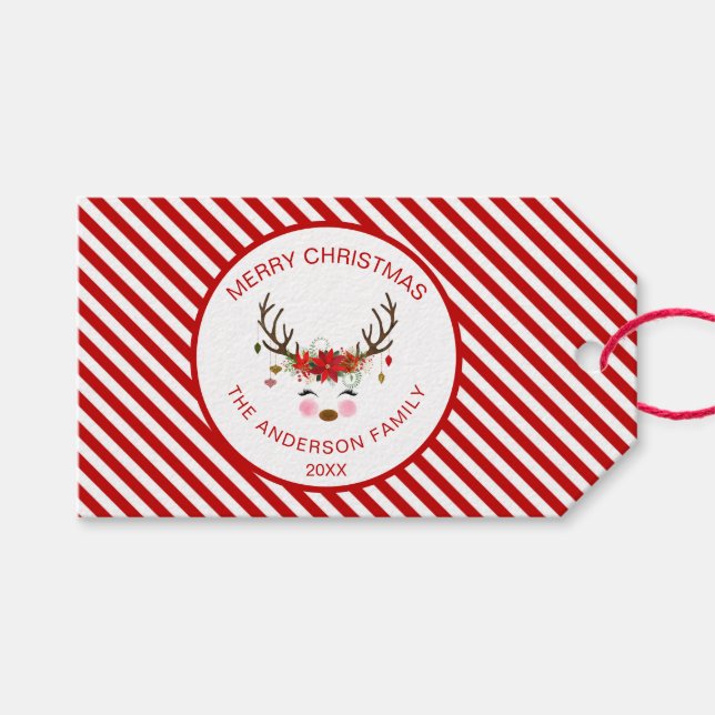Étiquettes-cadeau Reindeer de Noël moderne avec ornements (Devant (Horizontal))